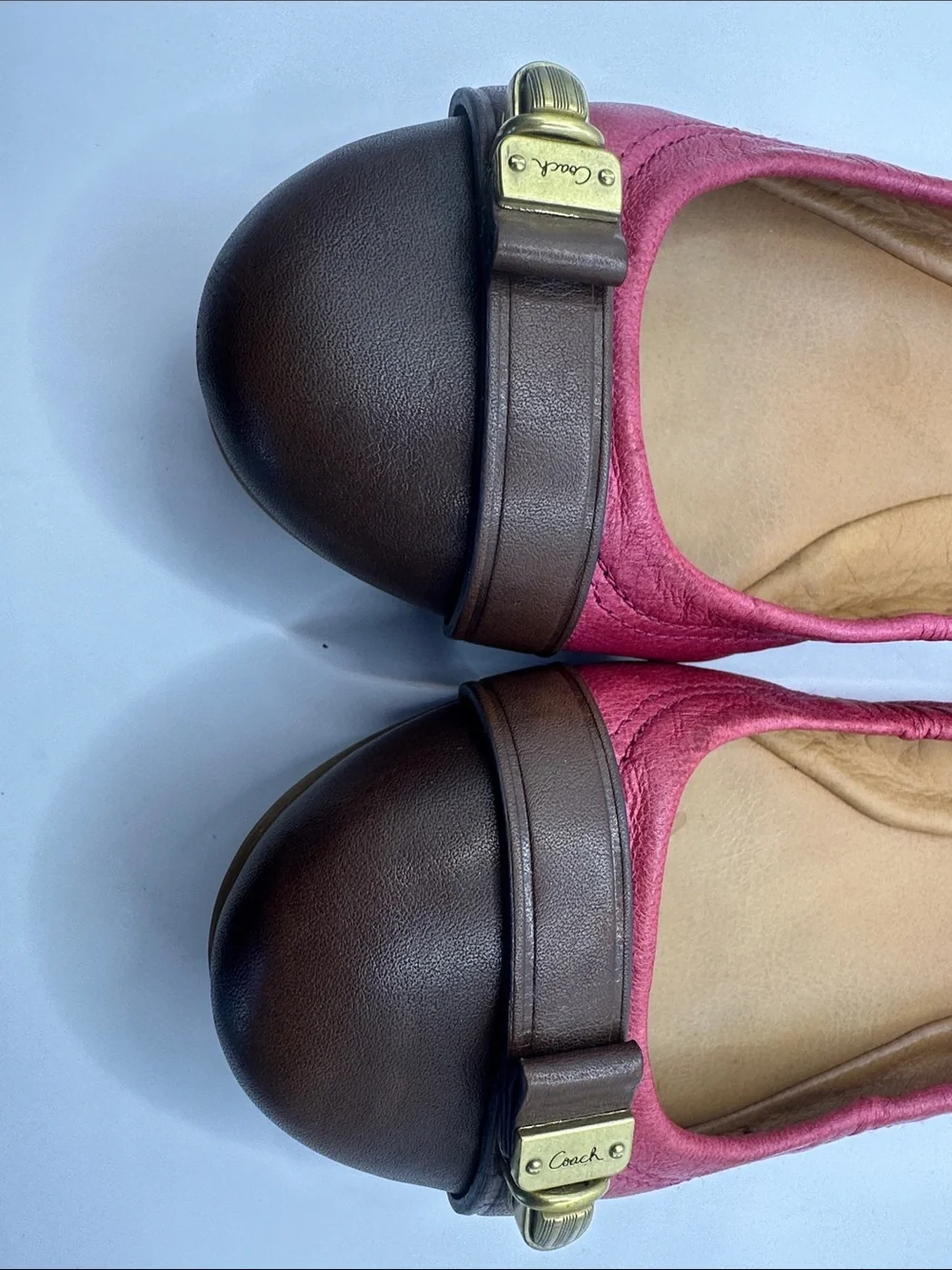 Coach Pink Fabric and Brown Leather Cap-Toe Ballet Flats with Gold Accent